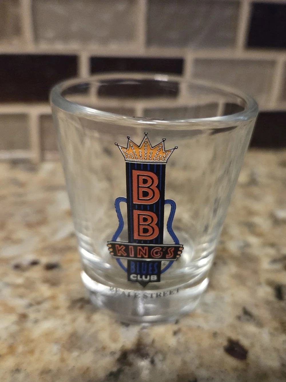 BB King's Blues Club Beale Street Branded Shot Glass Clear with Blue & Orange